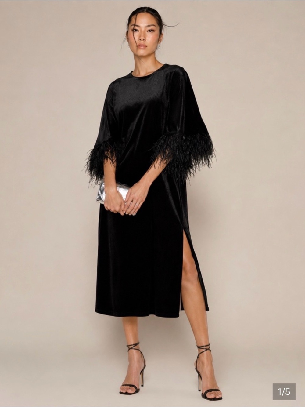 Jude Connally Black Velvet Midi Dress with Feathered Sleeves